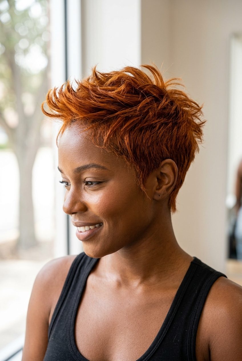 short pixie haircut with amber copper and internal gold layering for vibrancy