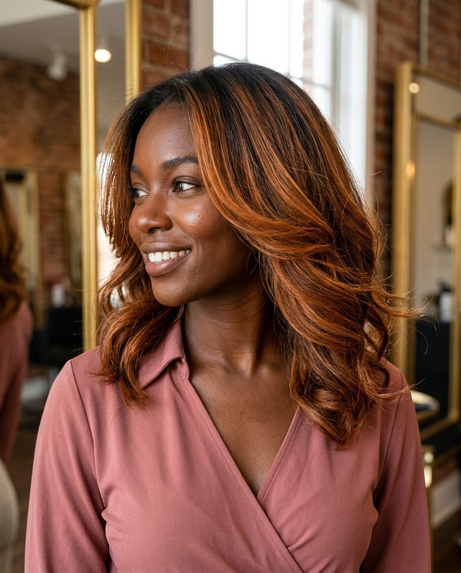 long deconstructed layers amber glow balayage with warm copper, golden highlights, and face-framing for summer 2026