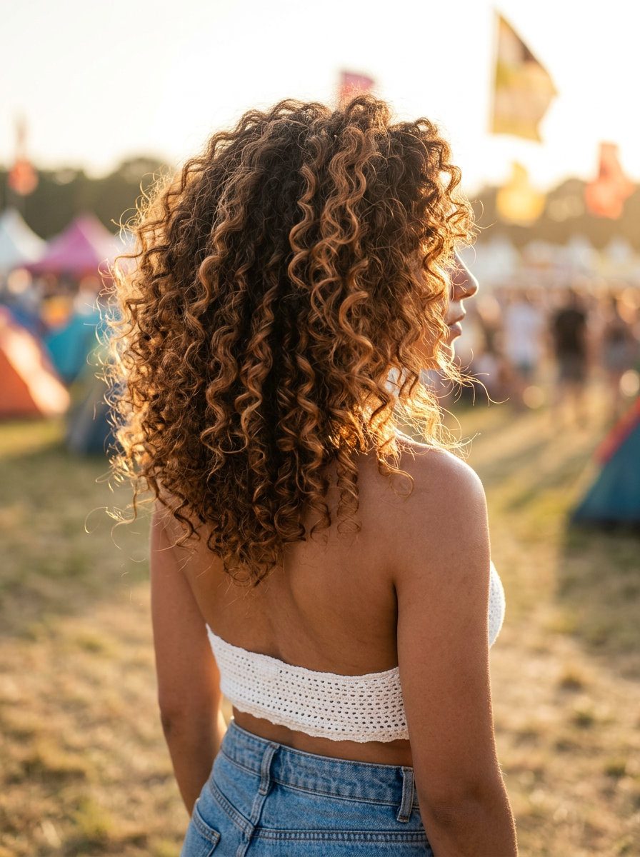 Sun-Kissed Amber Curly Cut: Vibrant Summer Hair medium-length amber glow curly haircut with copper-gold highlights and internal layers for summer