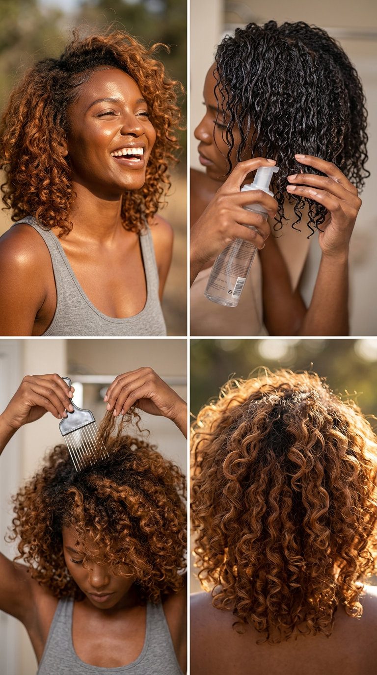 Amber Glow Tousled Curls 2026 medium natural hair amber glow with copper-gold undertones, layered cut for summer hairstyle black women 2026