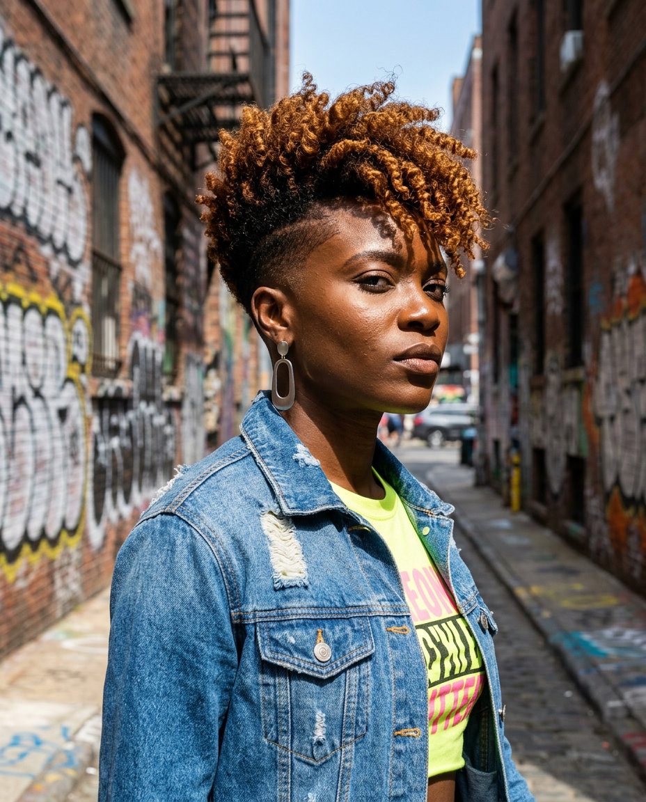 Edgy Amber Tapered Coil 2026 short natural hair amber glow with orange-brown undertones, tapered fade cut for summer hairstyle black women 2026