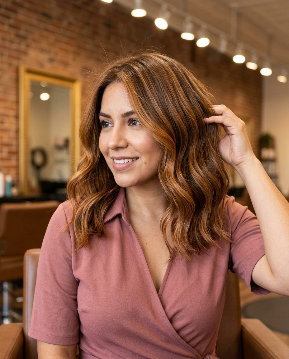 long layered honey blonde hair with amber honey highlights, face-framing ribbons for date night