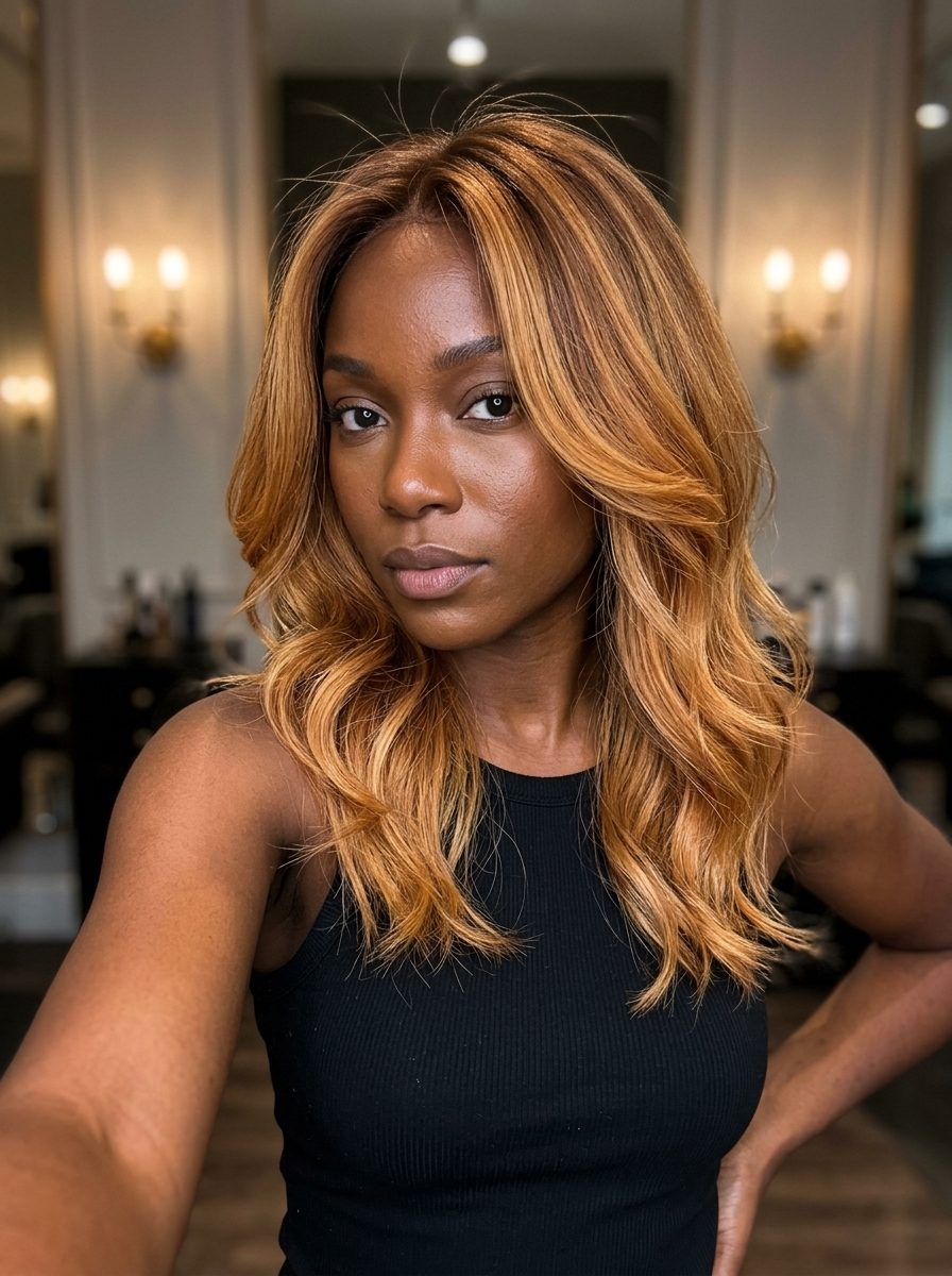 long layered honey blonde hair color with amber honey melt, root melt technique for romantic date night