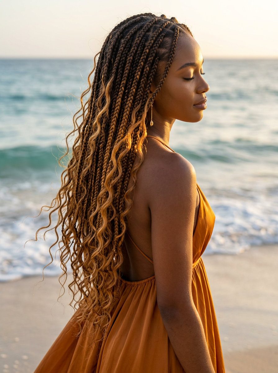 Boho Braids: Amber Glow Ombré 2026 long braided protective style with amber glow ombré, loose tendrils for summer