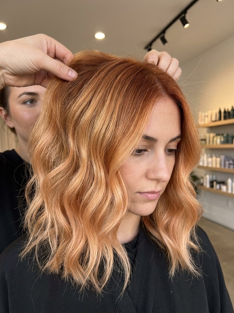 long strawberry blonde hair color with amber sunset melt, golden strawberry to peach ends — romantic dimensional style