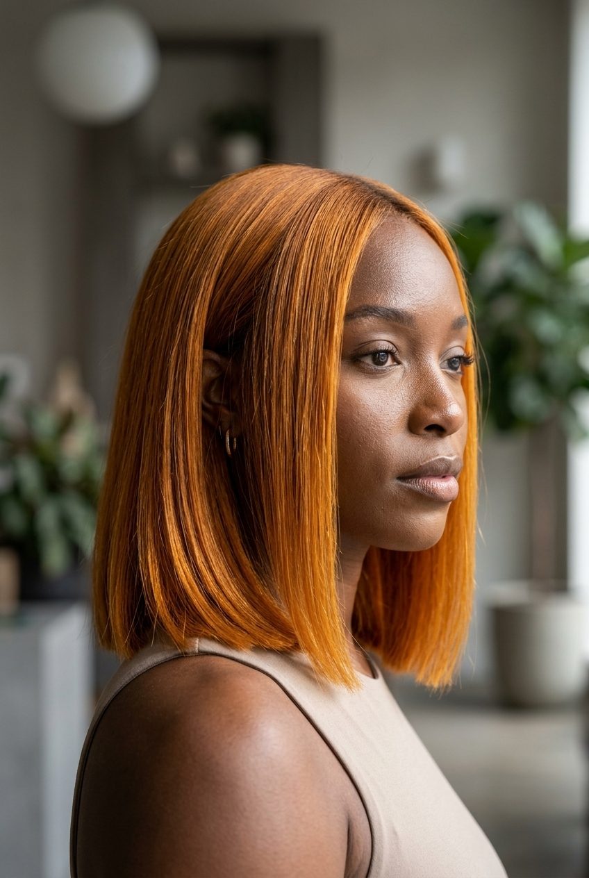 Amber Glow Blunt Cut: Shoulder Length 2026 shoulder-length blunt cut with translucent amber golden orange, sleek straight for summer
