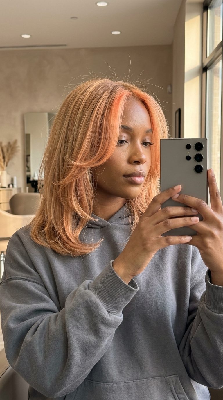 Apricot Blonde Money Pieces 2026 shoulder-length apricot blonde money pieces with peach and strawberry tones, face-framing layers, shag cut — music festival