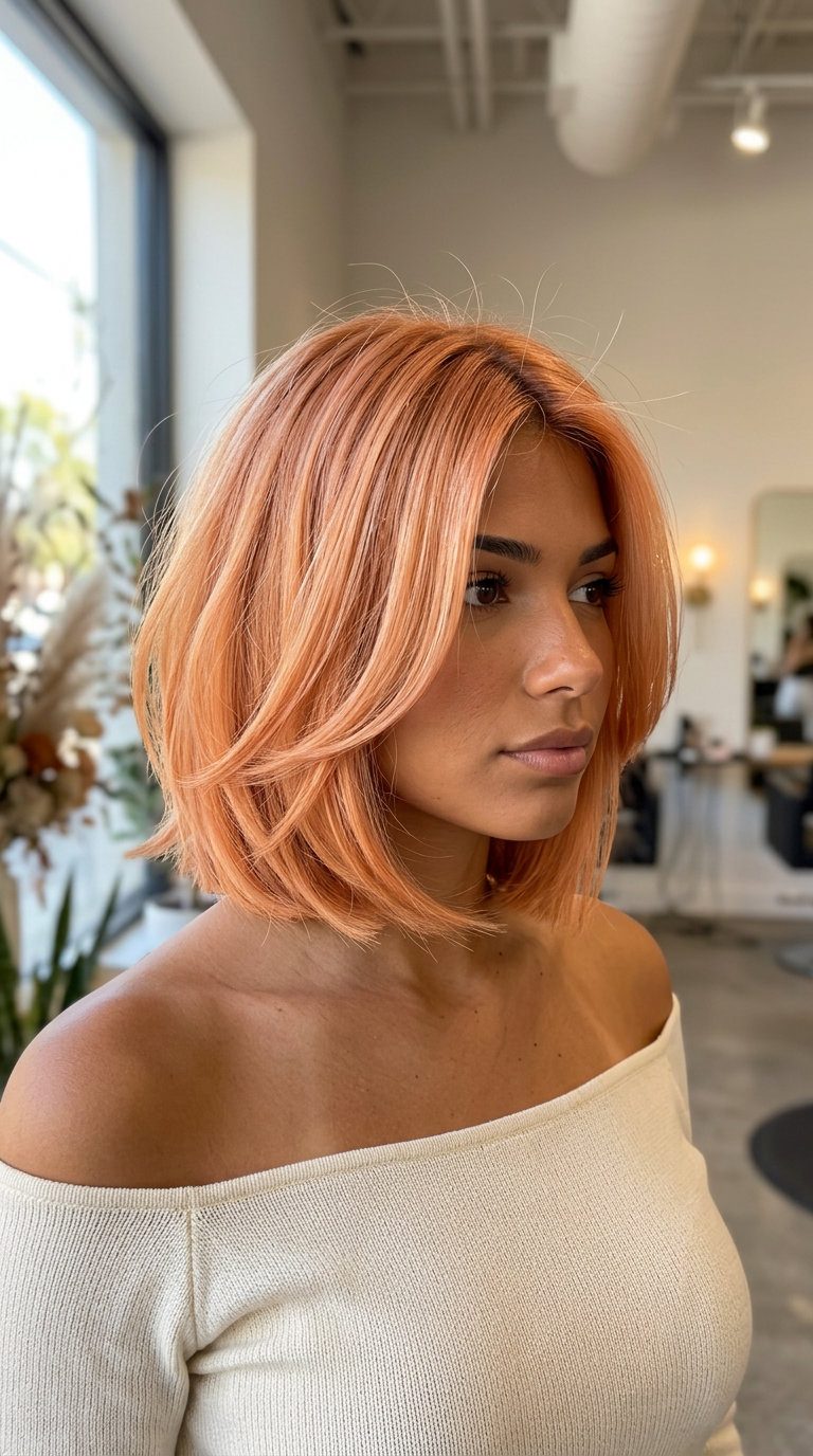 Apricot Blonde Bob 2026 chin-length apricot blonde bob with warm gold undertones, subtle face-framing — playful weekend brunch