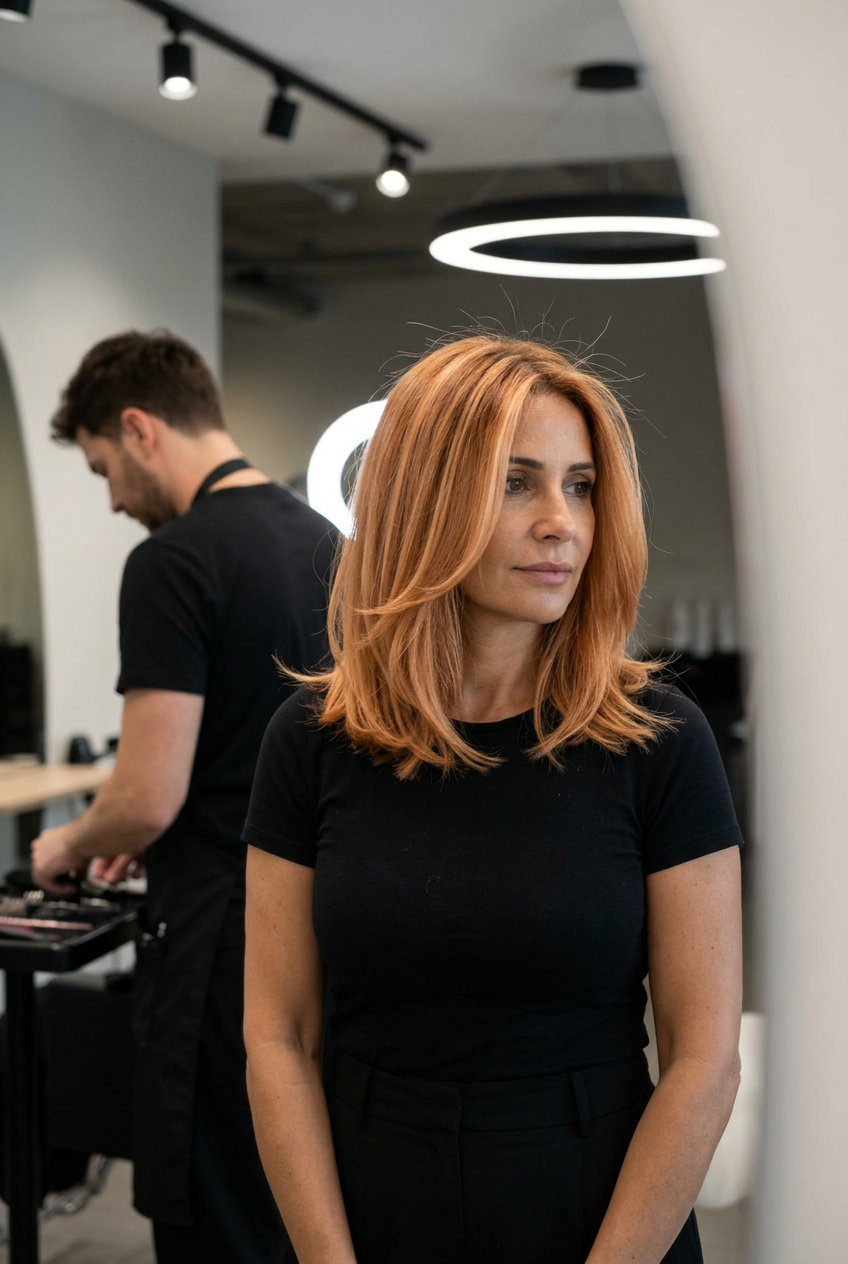 collarbone-length lob haircut in apricot copper with strawberry blonde babylights, U-shaped layers for romantic summer vibes