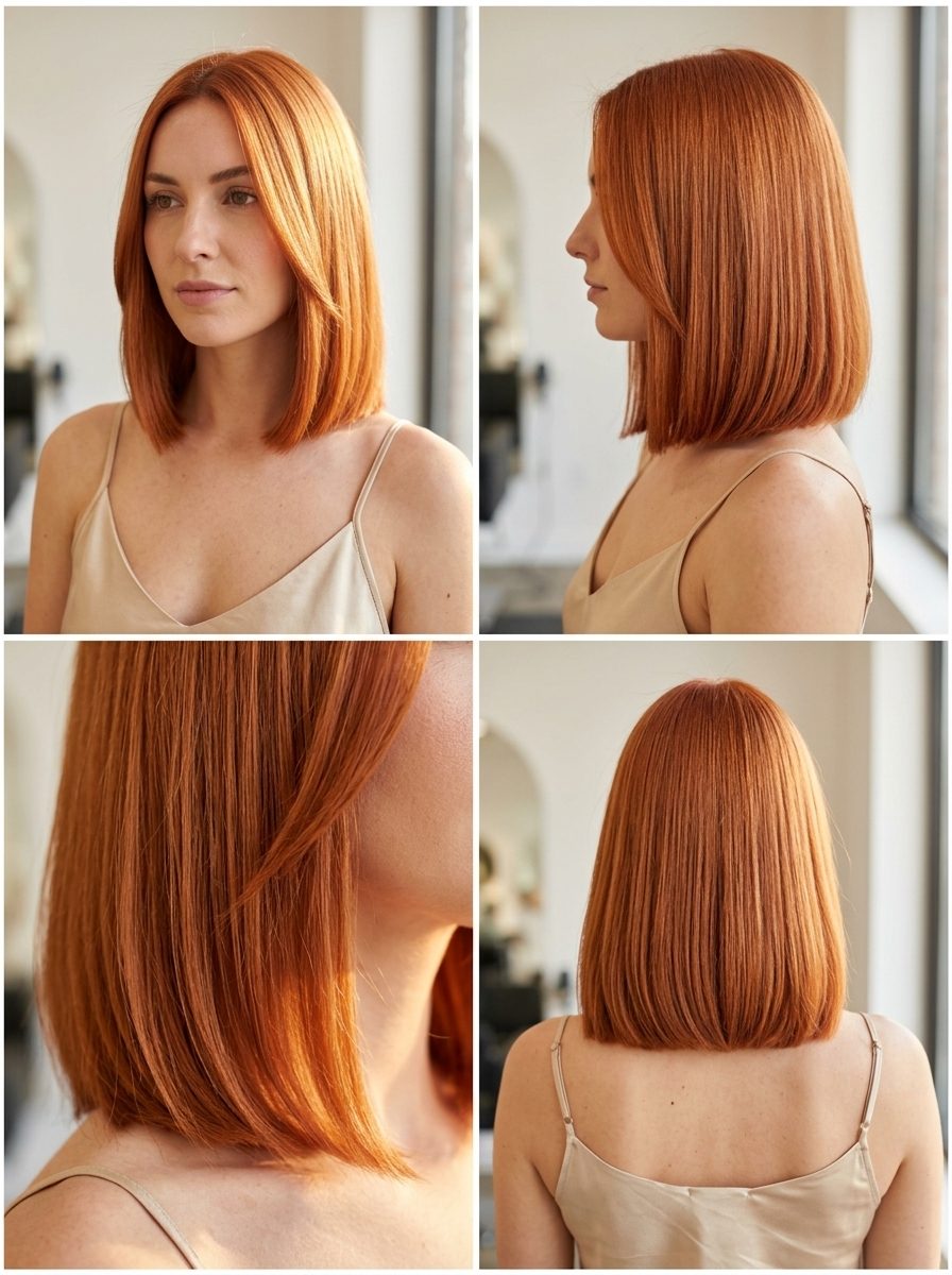 Sculpted Copper Lob: Bold & Artistic 2026 medium lob haircut in vibrant apricot copper with golden undertones and blunt perimeter for artistic looks