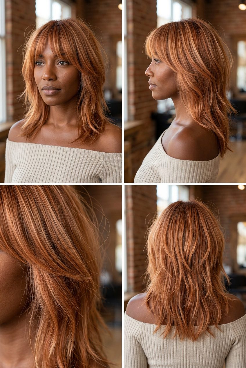 mid-length shag haircut with apricot copper, strawberry blonde highlights, and bottleneck bangs for bohemian flair