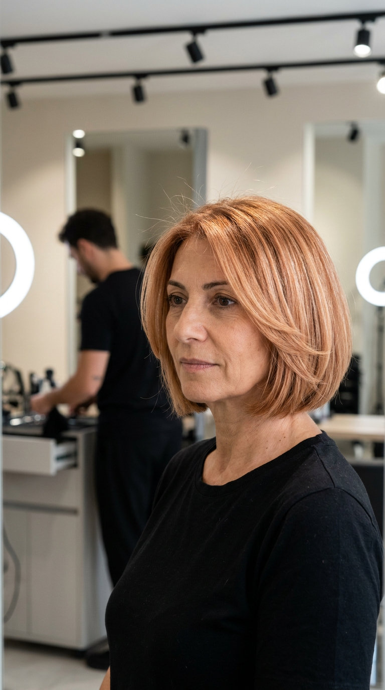 short apricot crush bob with strawberry blonde babylights, soft face-framing, rounded back — playful and chic for brunch