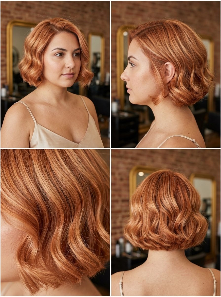 short graduated bob haircut in apricot crush with strawberry blonde highlights, soft forward graduation — retro and glamorous