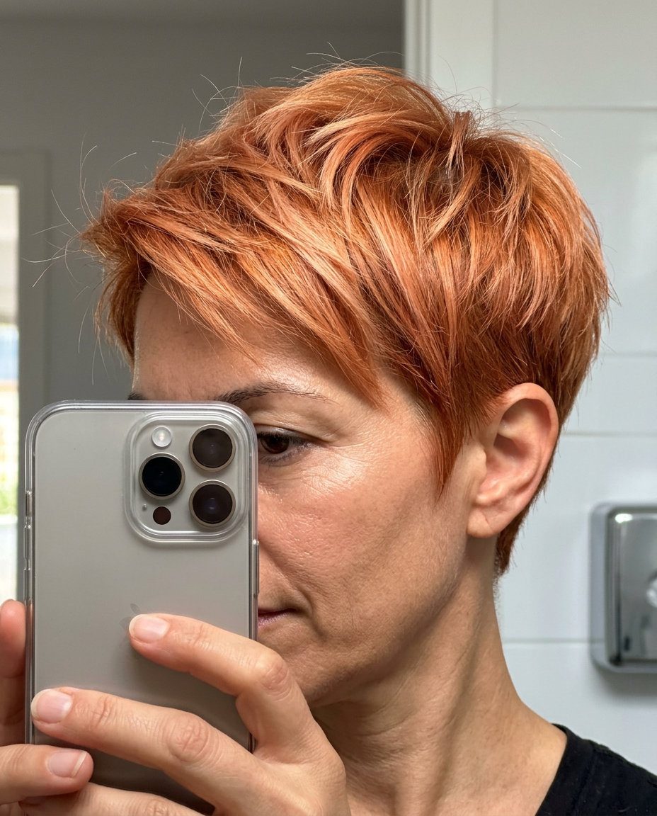 very short pixie haircut in apricot copper with strawberry blonde highlights, razored fringe — edgy