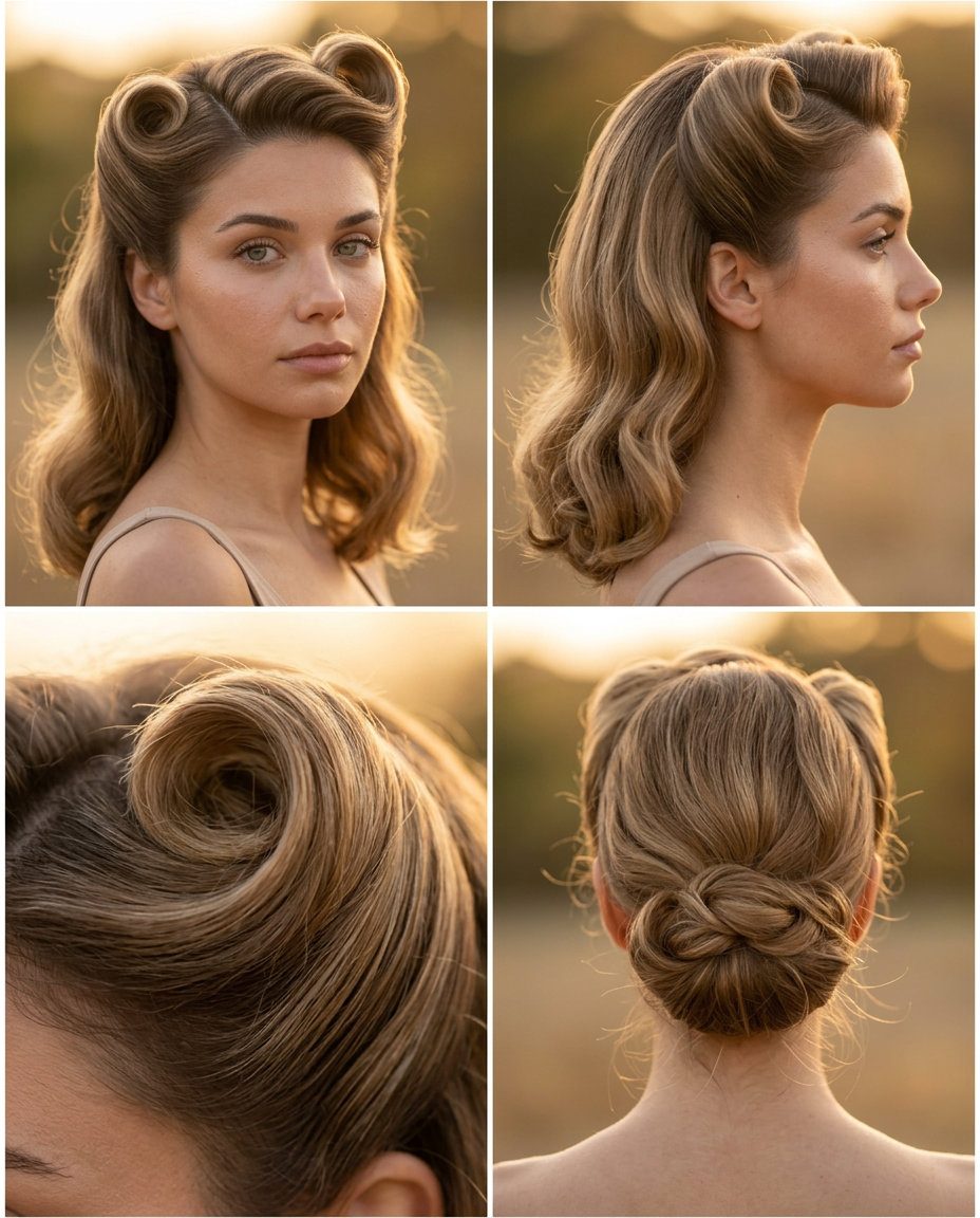 long apricot crush hairstyles with retro victory rolls and soft waves for date night