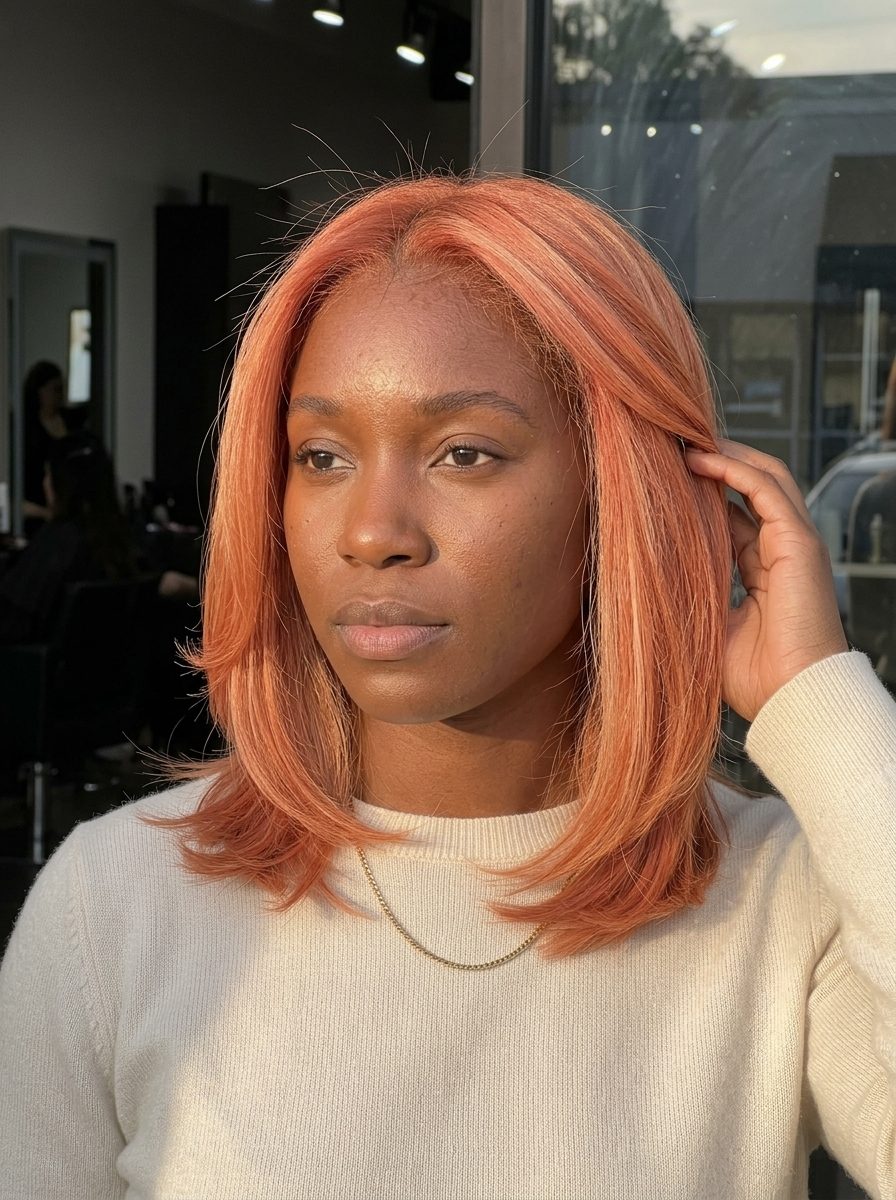 Flipped Textured Lob Haircut 2026 medium apricot crush lob with strawberry blonde base and outward flip for a playful festival