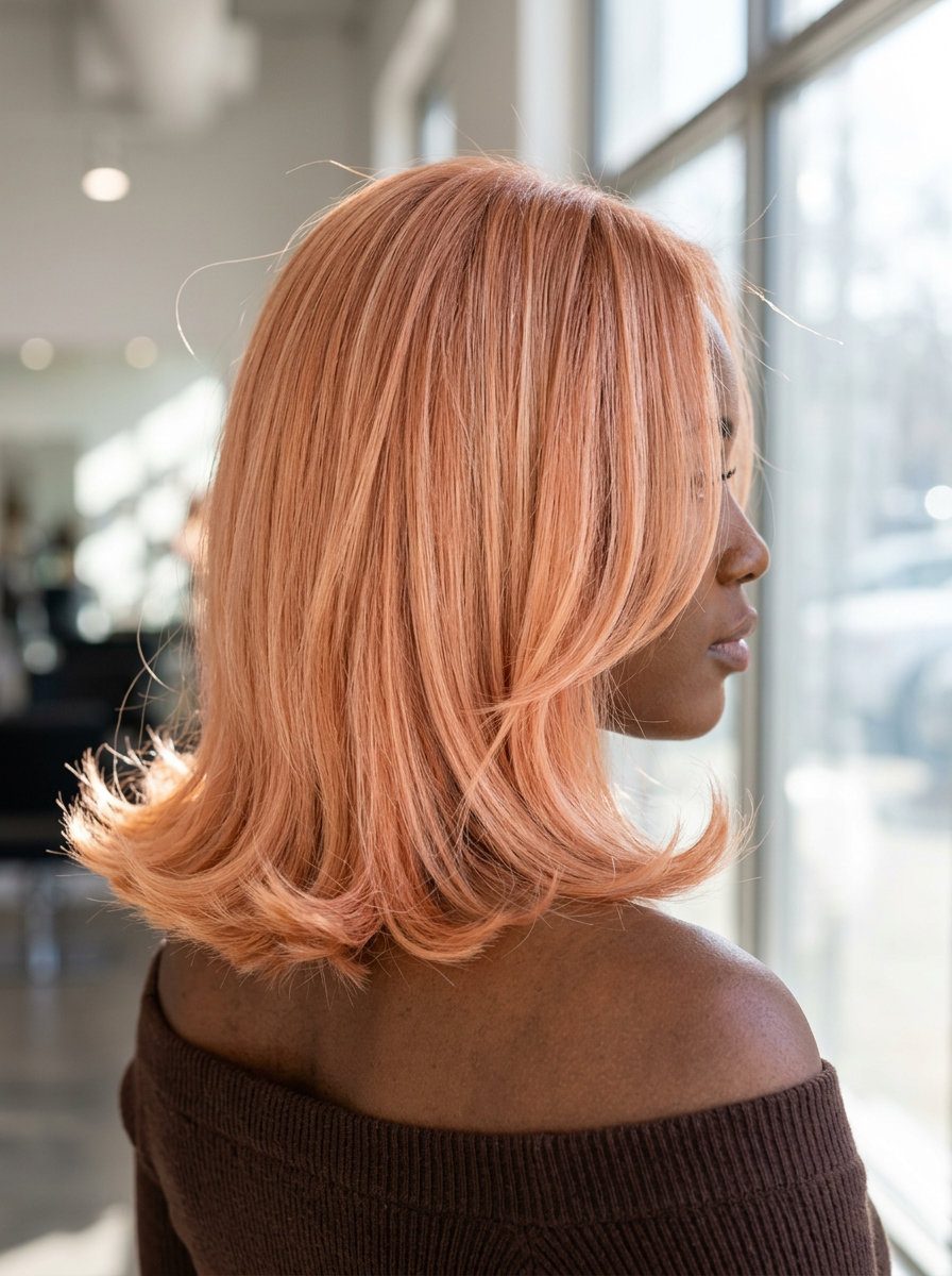 Apricot Flipped Lob Haircut 2026 medium apricot crush lob with strawberry blonde dimension and outward flip for a retro date night