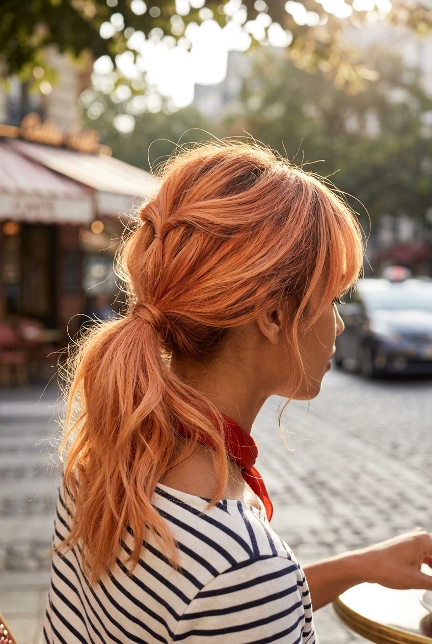 mid-length apricot crush bob with piecey textured layers and wispy Birkin bangs for summer 2026