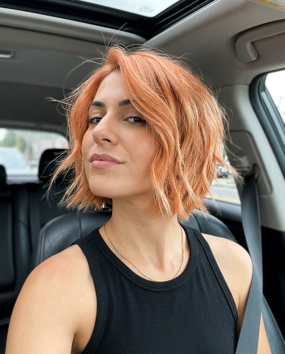 short bob haircut in soft apricot crush with strawberry blonde highlights for festival