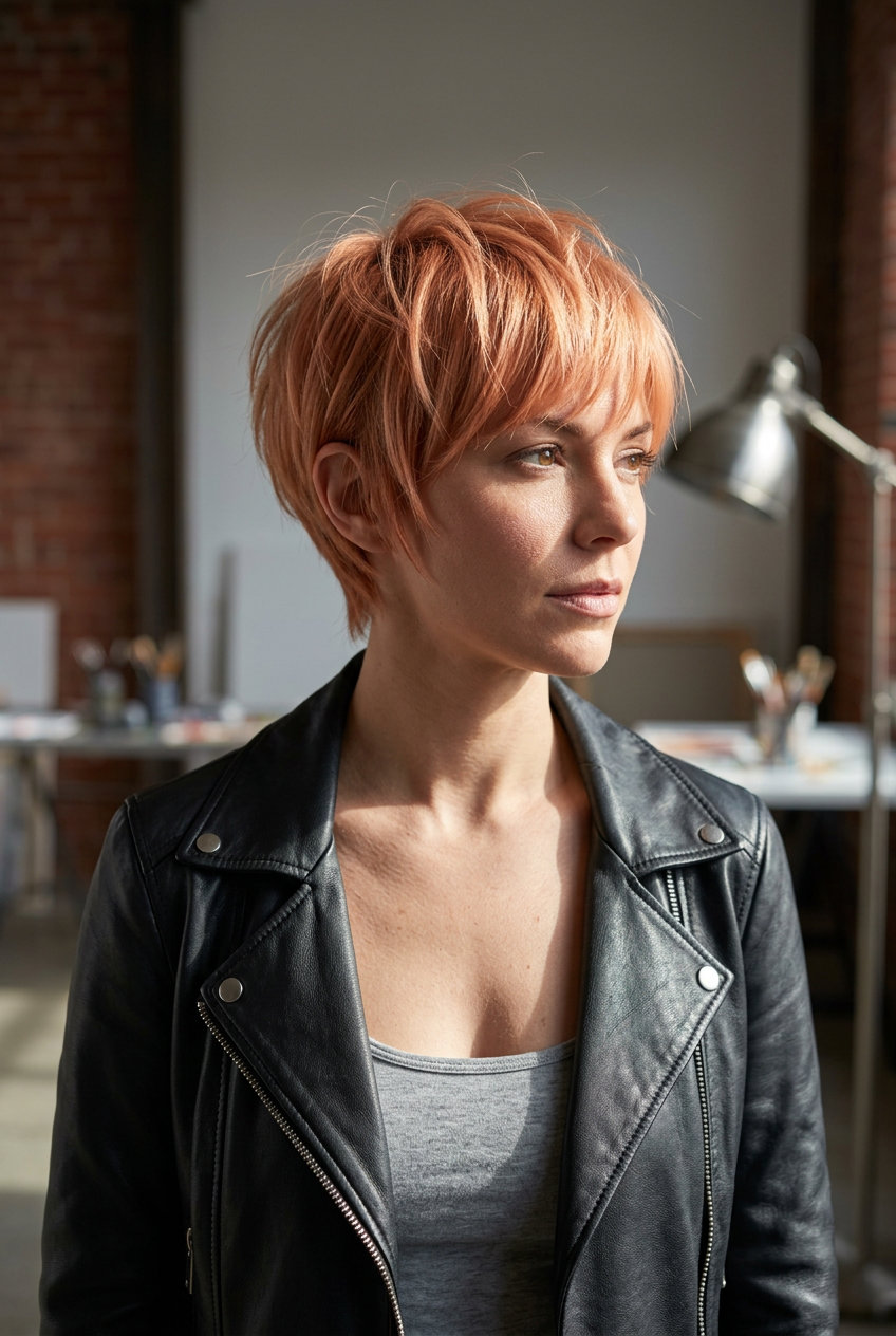 short apricot crush pixie haircut with wispy bangs and razored edges for festivals