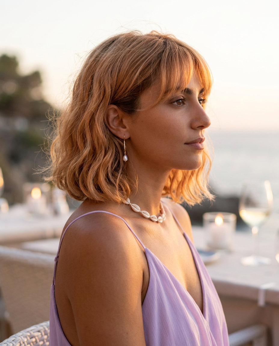 short wavy hair with apricot crush and strawberry blonde, natural waves and fringe — romantic summer hairstyle 2026