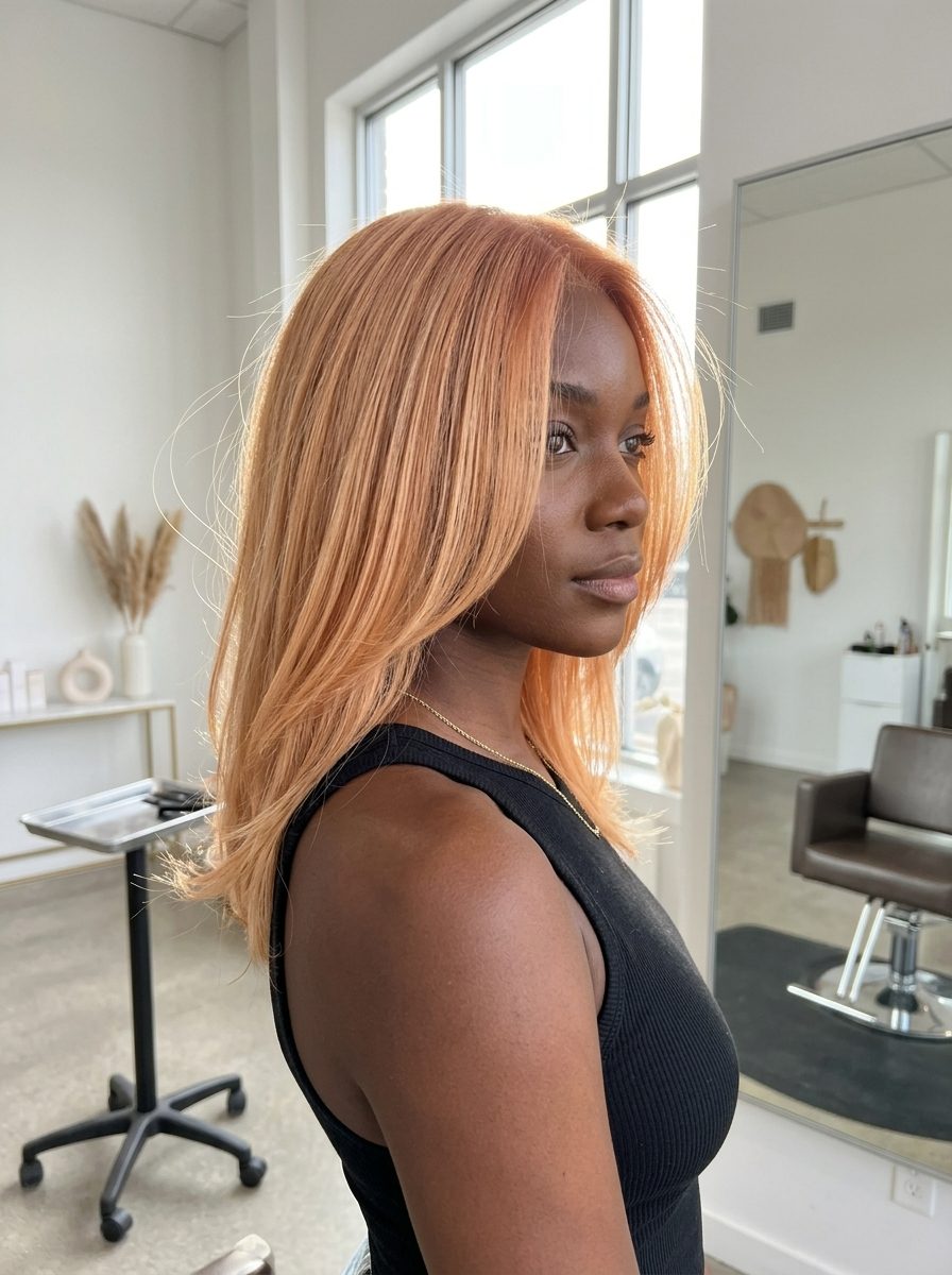 Apricot Blonde Soft Smudge 2026 shoulder-length smudge strawberry blonde hair color with apricot blonde root, golden peach tones, seamless fade — radiant effortless style
