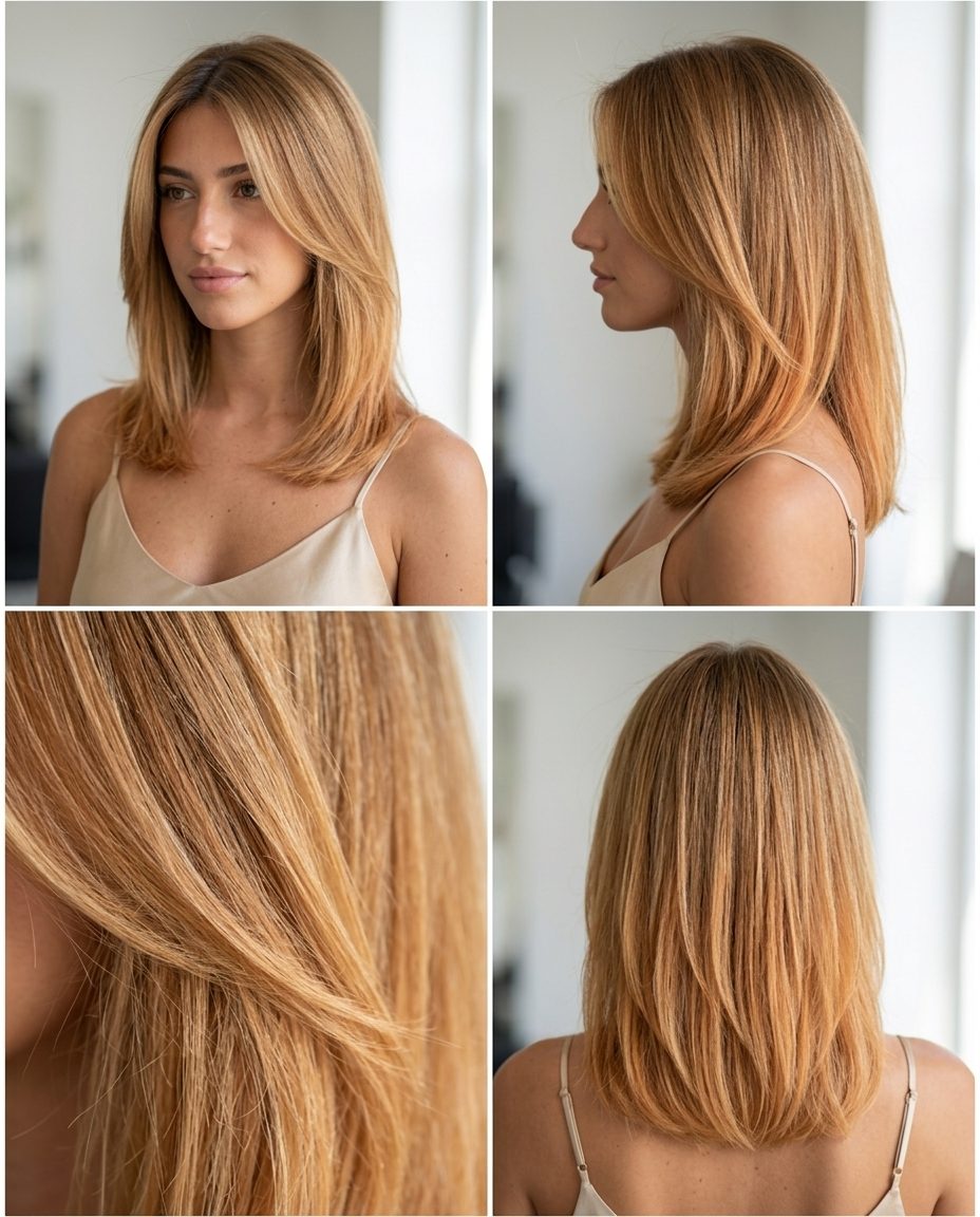 long layered honey blonde hair color with apricot ombré, balayage technique for radiant look