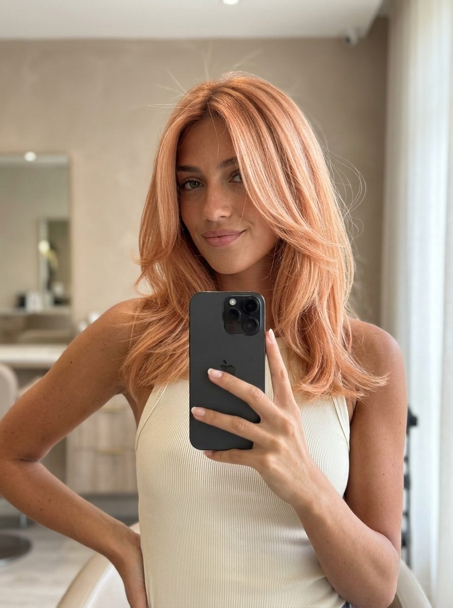 long apricot babylights balayage with light peachy copper and face-framing for summer