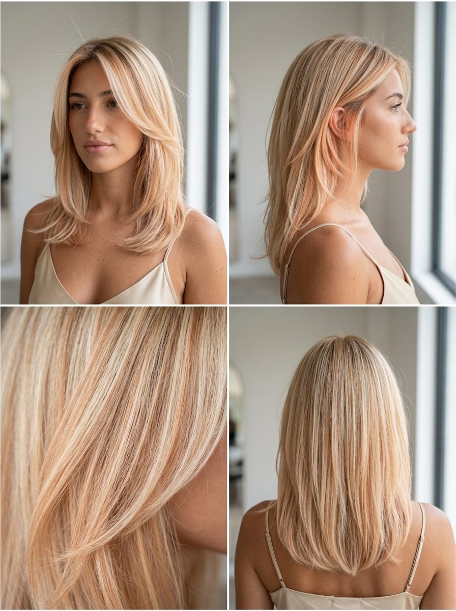 long strawberry blonde hair color with apricot balayage, light creamy blonde base — playful sun-kissed style
