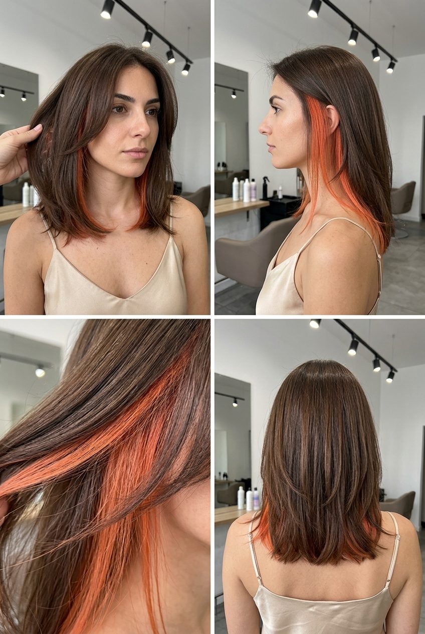 Apricot Crush Underlights 2026: Hidden Color Fun long layered apricot crush underlights with vibrant apricot and natural base, hidden color technique — playful date night