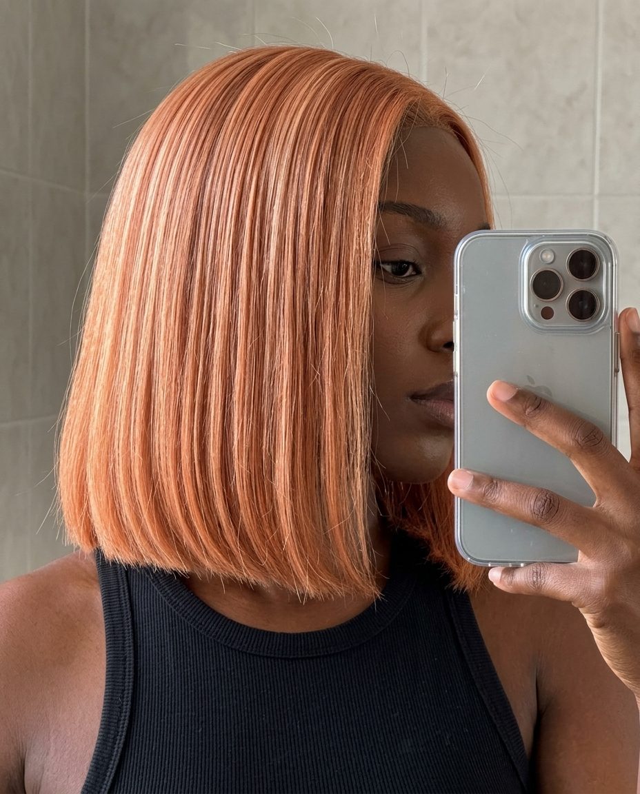 Sleek Apricot Bob 2026: Vibrant Summer Grow-Out medium blunt bob with apricot crush color, no layers, no fringe — professional & chic