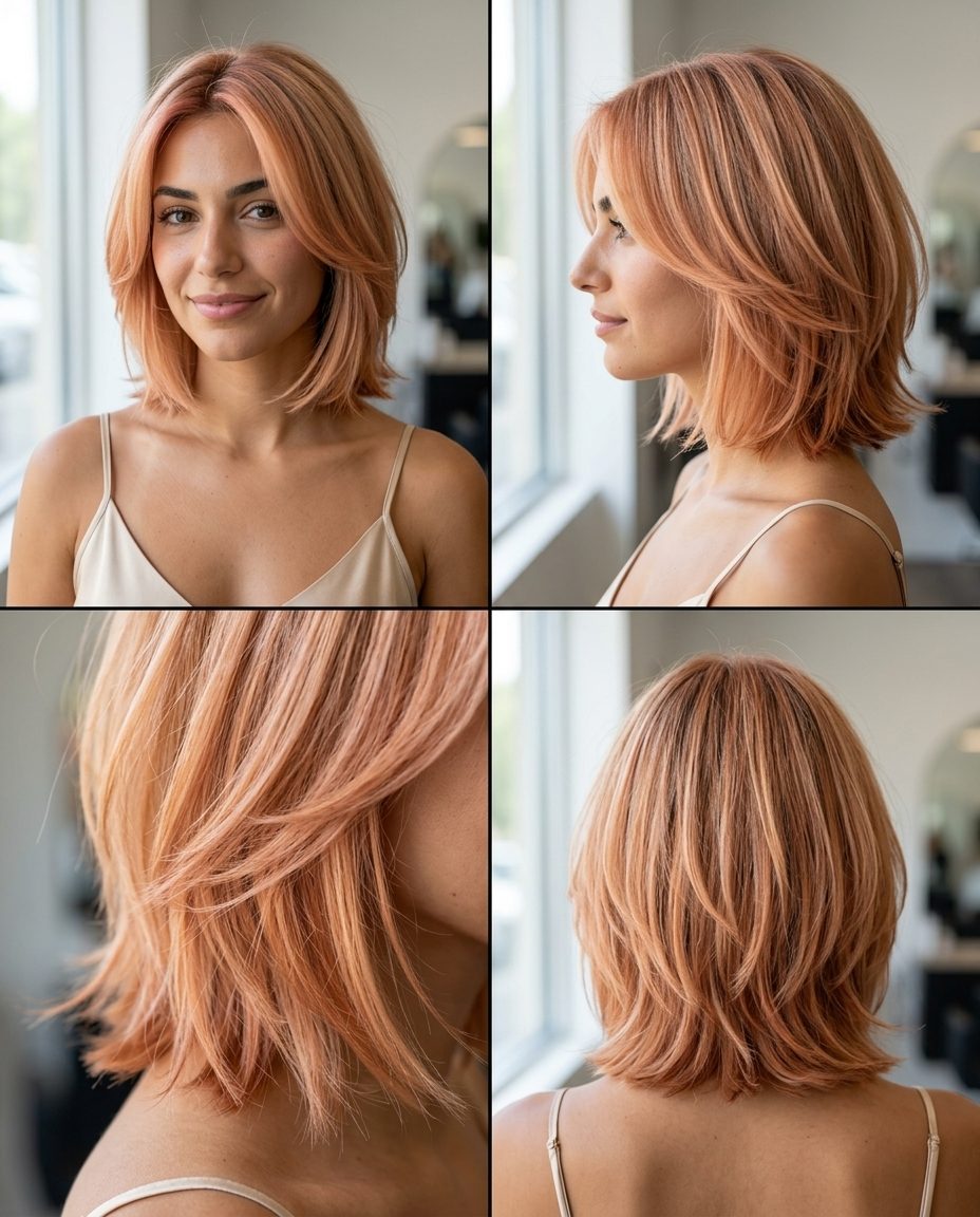Soft Apricot Layered Bob 2026: Romantic Summer Style medium layered bob with apricot crush color, soft layers, no fringe — romantic & playful