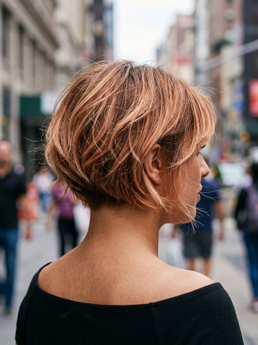 Textured Apricot Bob 2026: Summer Grow-Out Style medium textured bob with apricot crush color, internal layering, curtain bangs — bold & playful