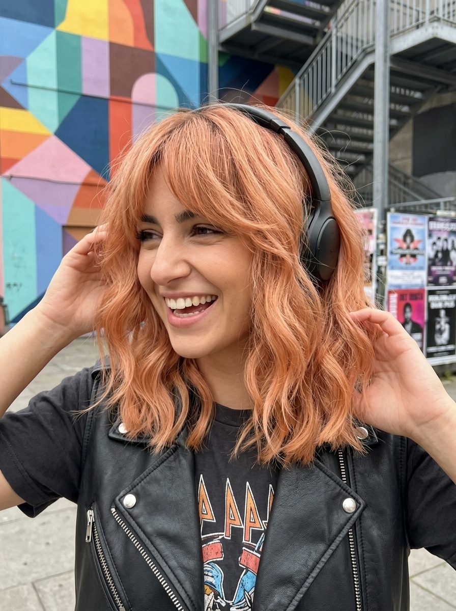 Apricot Crush Wavy Shag Haircut 2026 medium shag wavy haircut in apricot crush with peach tones, choppy layers, brow-skimming bangs — playful festival look