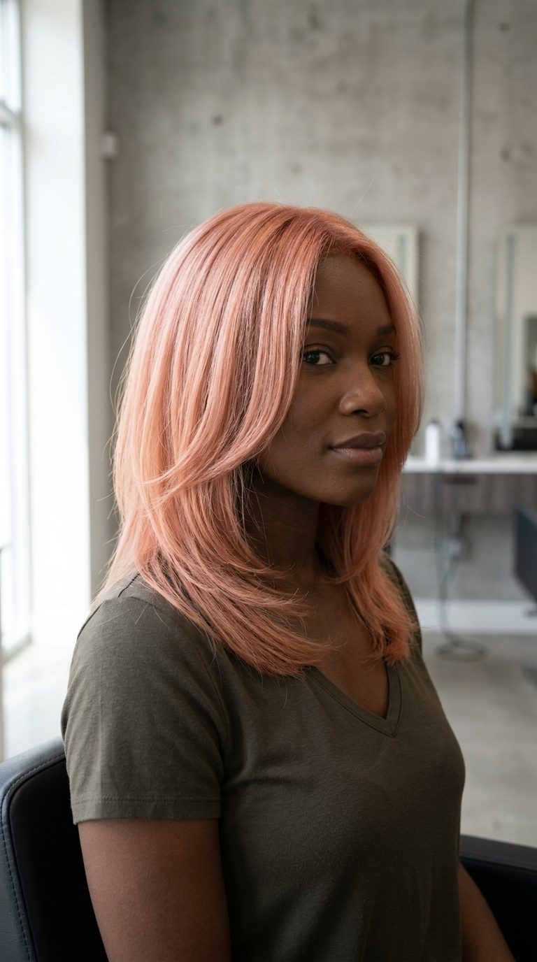 medium strawberry blonde hair color with apricot crush glaze, sheer pastel pink-orange hue — modern minimal look