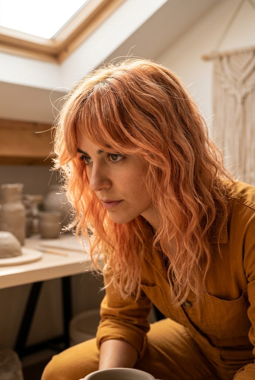 Apricot Crush Shag Haircut 2026 medium wavy shag haircut with apricot crush, pastel peach tones, eye-grazing fringe — playful vibrant festival