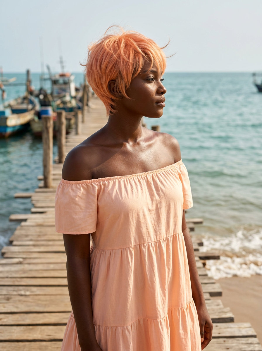 short pastel apricot pixie haircut with peach undertones, feathered layers, wispy bangs — playful, feminine