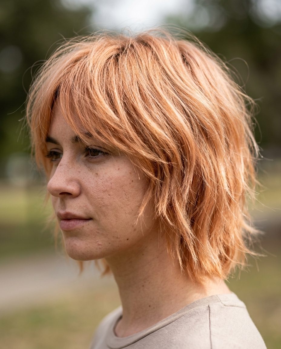 short razored bob haircut with apricot crush and strawberry blonde babylights, choppy layers, sweeping curtain fringe — edgy and playful