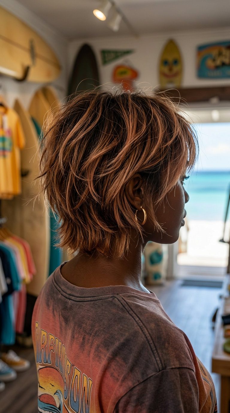 short apricot shag with strawberry blonde highlights, textured layers, tousled — edgy, playful
