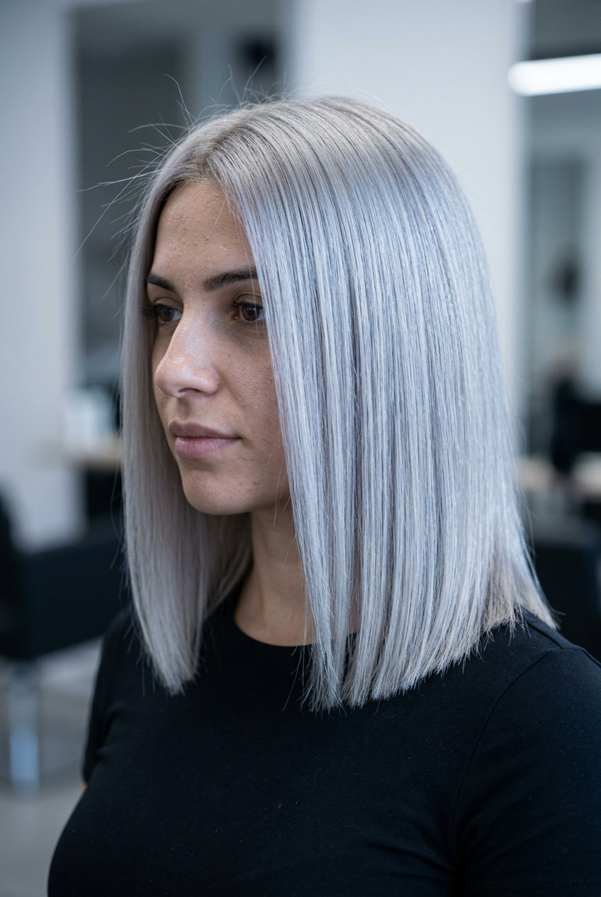 Arctic Blue-Ash Blonde 2026 long ash blonde with arctic blue tone, bleached ends, no fringe — futuristic minimalist look