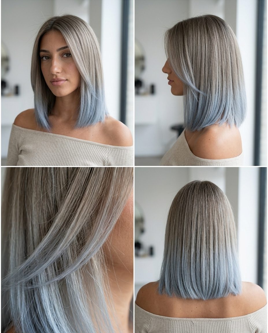 Arctic Blue-Ash Dip-Dye Blonde 2026 long ash blonde with arctic blue-ash dip-dye, bleached ends, no fringe — edgy festival look