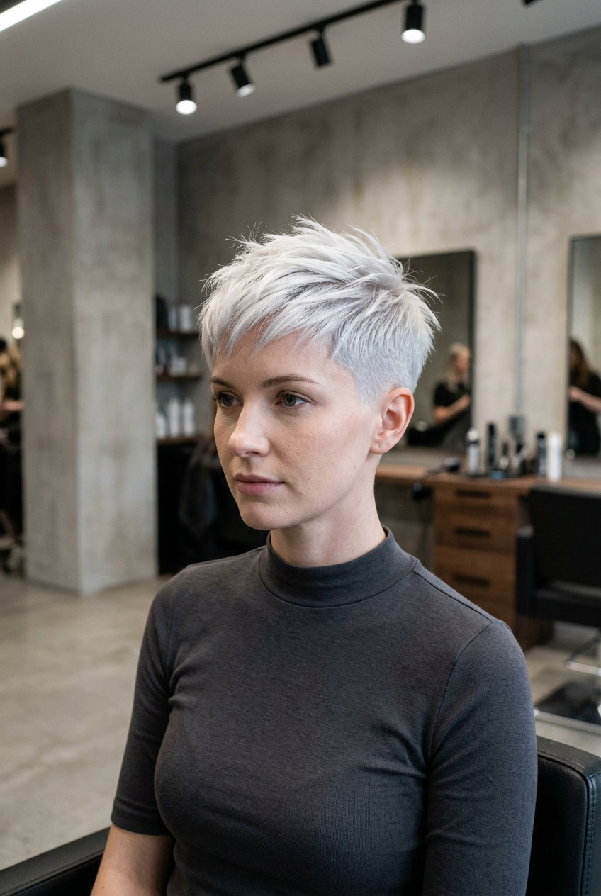 Arctic Platinum Ash Blonde Pixie 2026 very short ash blonde pixie cut with arctic blue-ash, platinum white, no bangs — edgy avant-garde festival