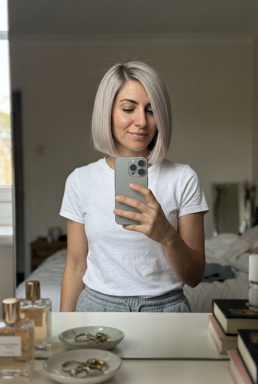 chin-length sculpted ash blonde bob with blunt perimeter and deep side part for work