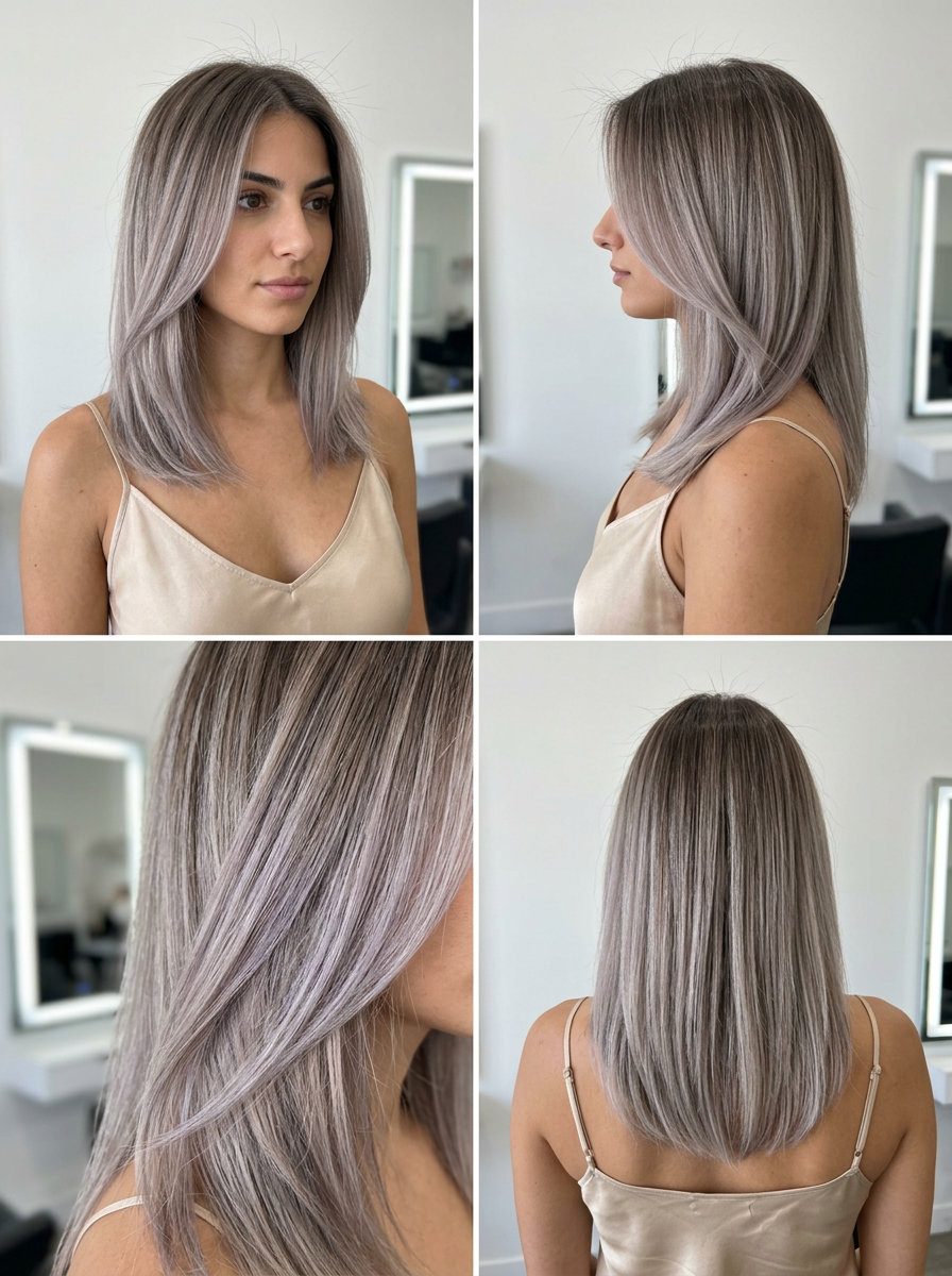 layered ash blonde color melt with muted ash blonde silver violet undertones for formal