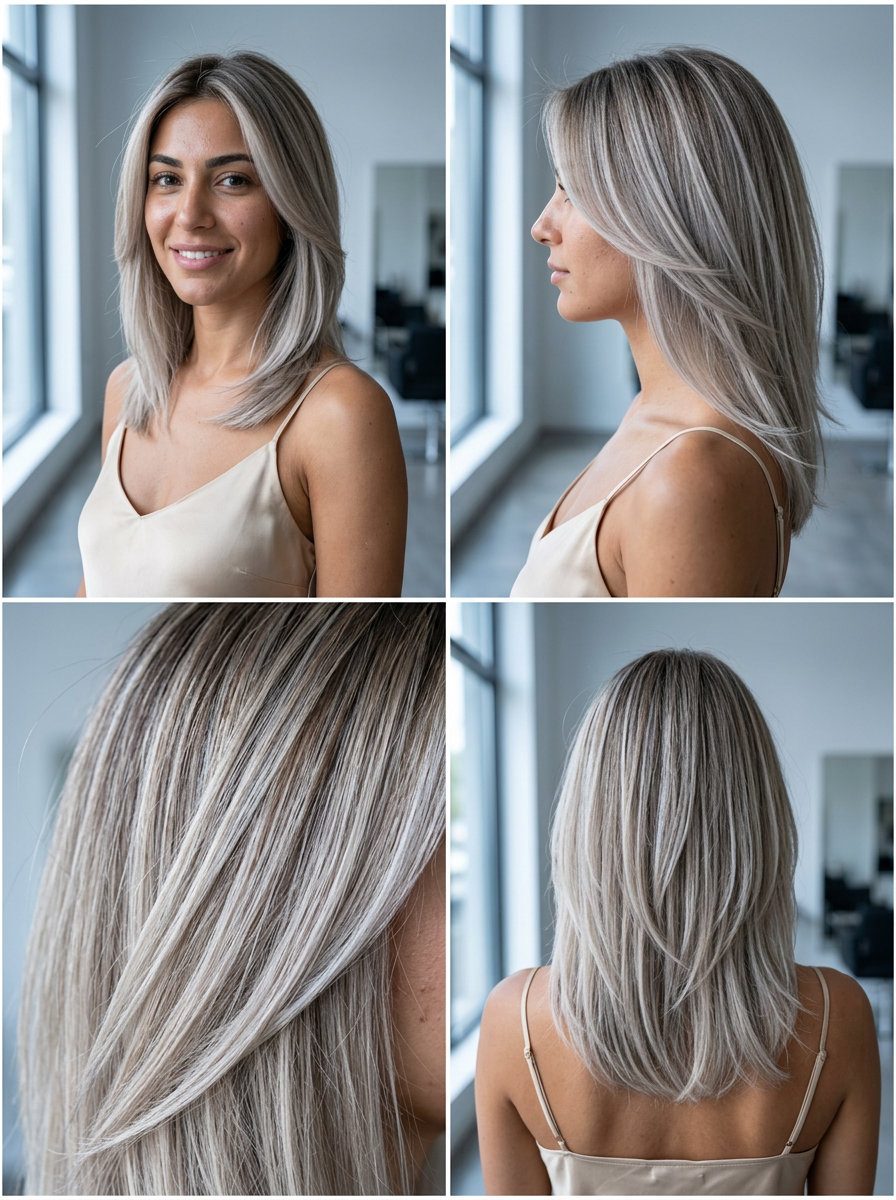 Ash Blonde Air Touch Balayage 2026 long layered air touch balayage with ash blonde, icy silver, cool taupe root, no fringe — sophisticated professional look