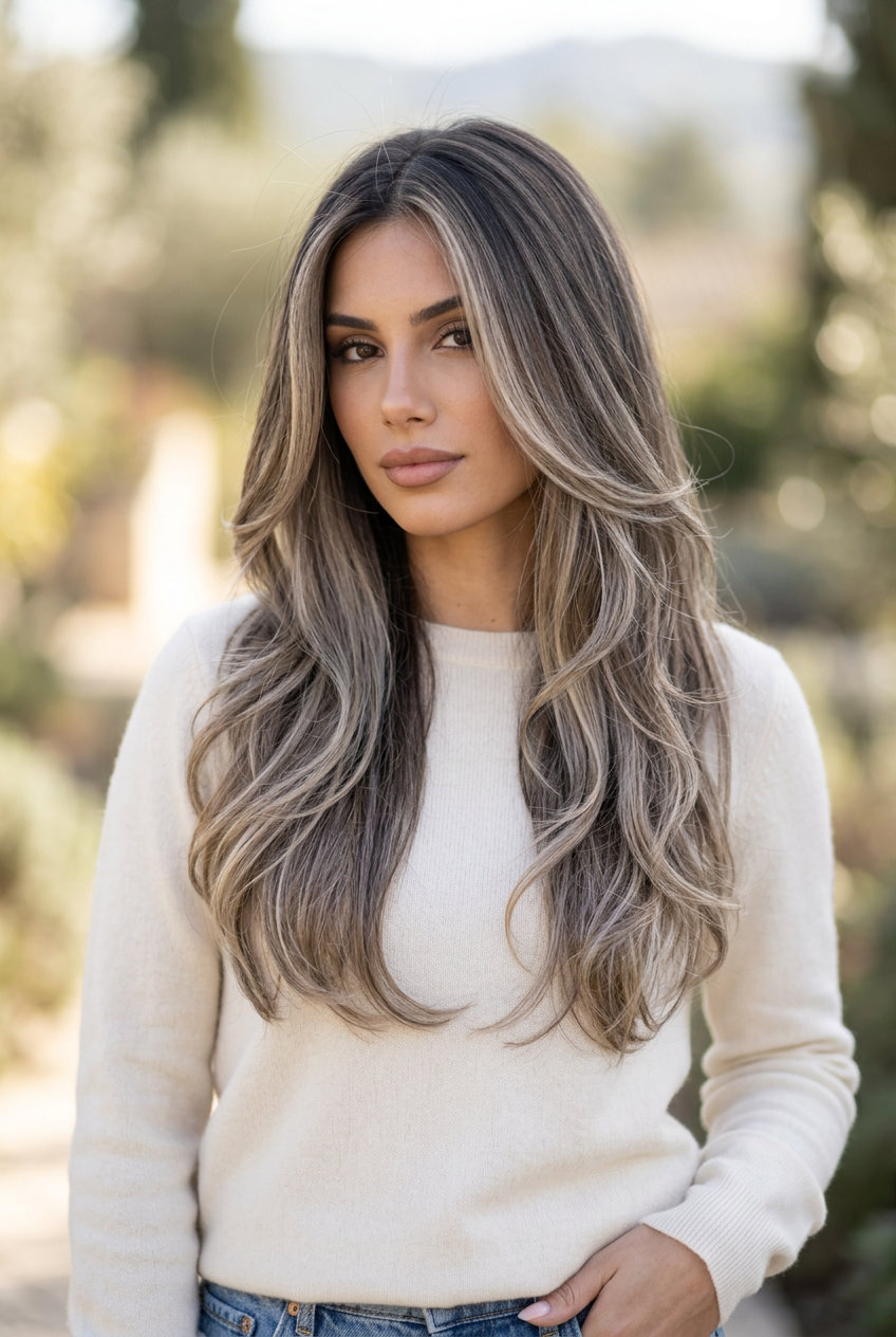 long layered cut with ash blonde balayage, root smudge, V-cut back — sophisticated
