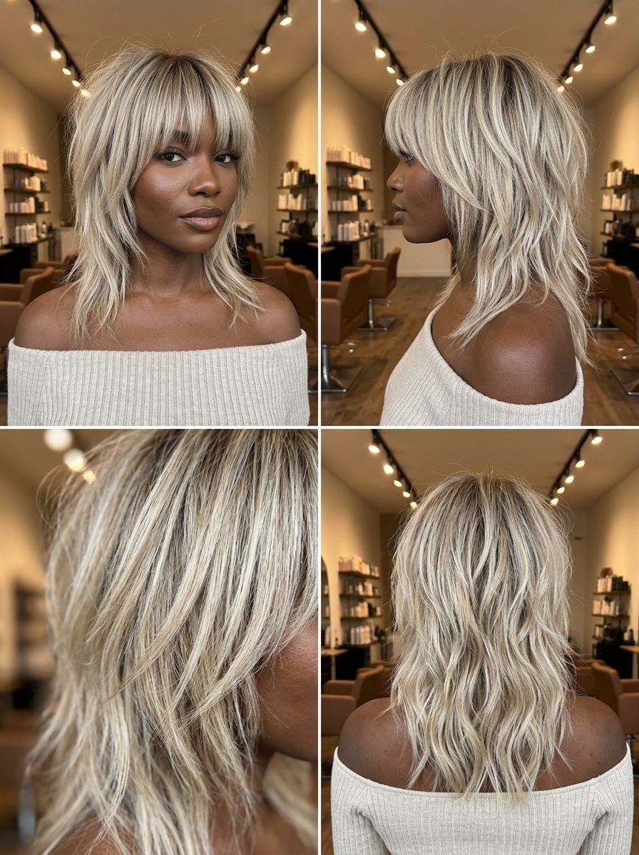 long wavy shag haircut in ash blonde with dark vanilla root, cool beige babylights, and razor-cut layers for rebellious