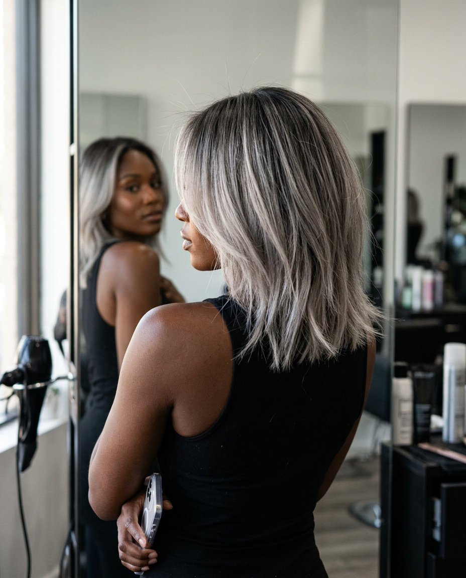 Smoky Ash Blonde Lob 2026: Urban Edge medium lob haircut in smoky ash blonde with silver tones, charcoal root smudge, point-cut layers — modern chic