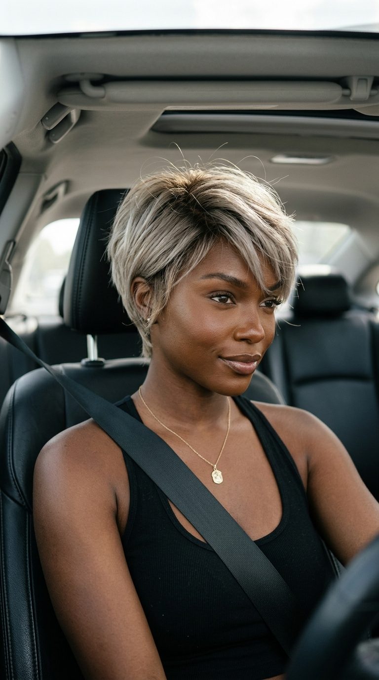 Ash Blonde Bixie with Root Shadow 2026 short textured bixie haircut with ash blonde cool brown root shadow, piecey ends, face-framing pieces — modern minimalist look