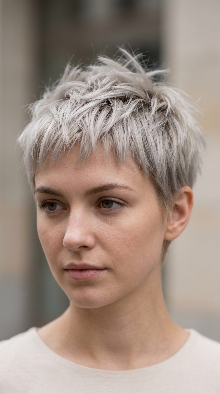 short ash blonde pixie wolf cut with silver undertones, choppy micro-bangs, undercut sides — edgy modern look